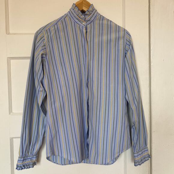 Vintage London Blue Striped Button-up Frilly Blouse Long Sleeve Hilditch & Key - Picture 2 of 9